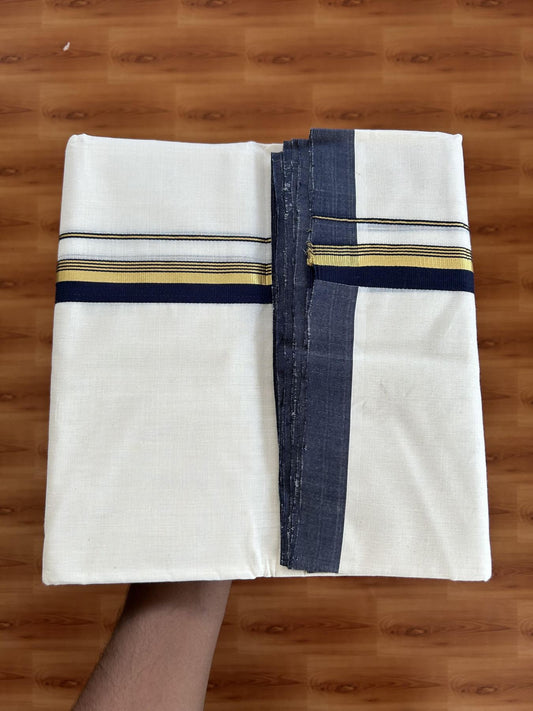 25% Discount! KaithariKada Handloom Millpaav - Kerala Handloom - Cotton Double Mundu/Dhoti Off white (Unbleached) - 80x90 - 1 inch Gold Kasav Navy Blue Stripes Kara 4.50 meter (10 Muzham) - 98 KK5383 RAM