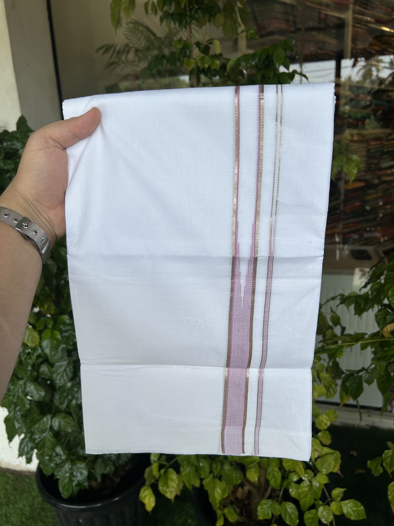 20% Discount! KaithariKada Balaramapuram 100% Cotton Double Pure white Mundu/Dhoti- 100x80 - 1 inch Silver Lavender Pink Striped One Side Chutty kara - 3.75 mtr ( 8 muzham) - 64 KK5315 VAS