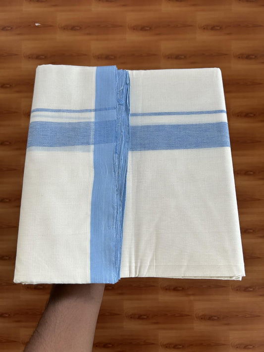 25% Discount! KaithariKada Handloom Millpaav - Kerala Handloom - Cotton Double Mundu/Dhoti Off white (Unbleached) - 80x90 - 1.5 inch Sky Blue Shaded Kara 4.50 meter (10 Muzham) - 107 KK5383 RAM