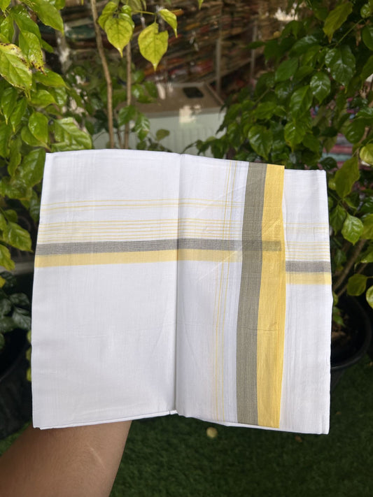20% Discount! KaithariKada Balaramapuram 100% Cotton Double Pure white Mundu/Dhoti- 100x80 - 1.5 inch Navy Blue shaded Yellow striped kara - 3.75 mtr ( 8 muzham) - 55 KK5315 VAS