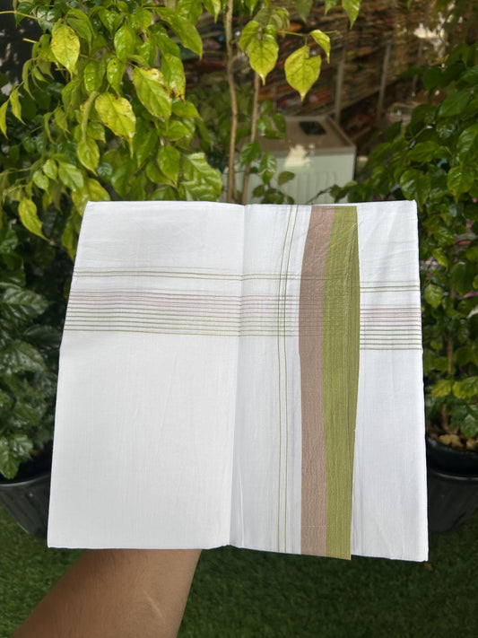 20% Discount ! Kaitharikada Balaramapuram 100% Cotton Pure White Double Mundu/Dothi - 100x80 - 1.75 inch Light Green & Peach Brown Stripes Kara 4 mtr (8.5 muzham) - 50 KK5315 VAS