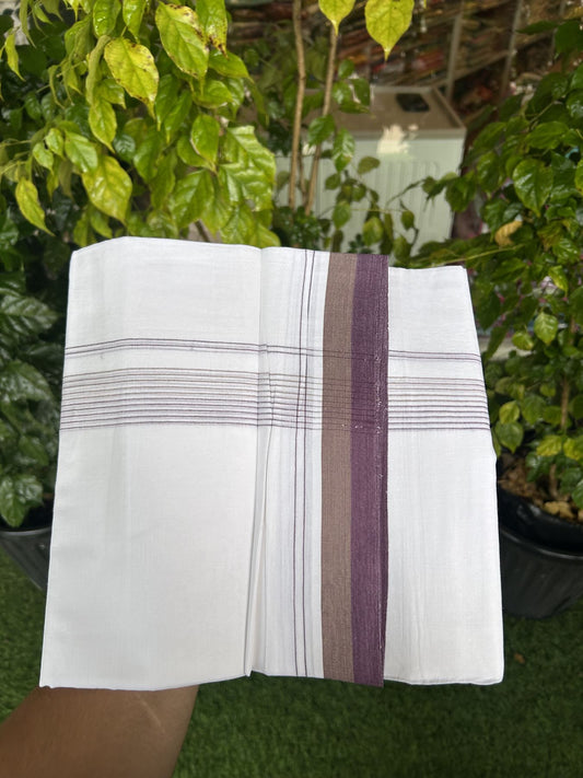20% Discount ! Kaitharikada Balaramapuram 100% Cotton Pure White Double Mundu/Dothi - 100x80 - 1.75 inch Brown & Wine Purple Stripes Kara 4 mtr (8.5 muzham) - 49 KK5315 VAS