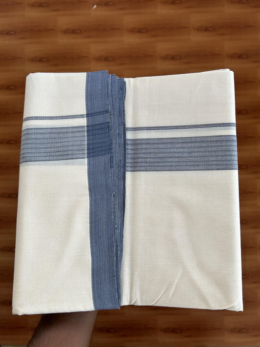 25% Discount! KaithariKada Handloom Millpaav - Kerala Handloom - Cotton Double Mundu/Dhoti Off white (Unbleached) - 80x90 - 1.75 inch Ash Blue Stripes Kara 4.50 meter (10 Muzham) - 104 KK5383 RAM