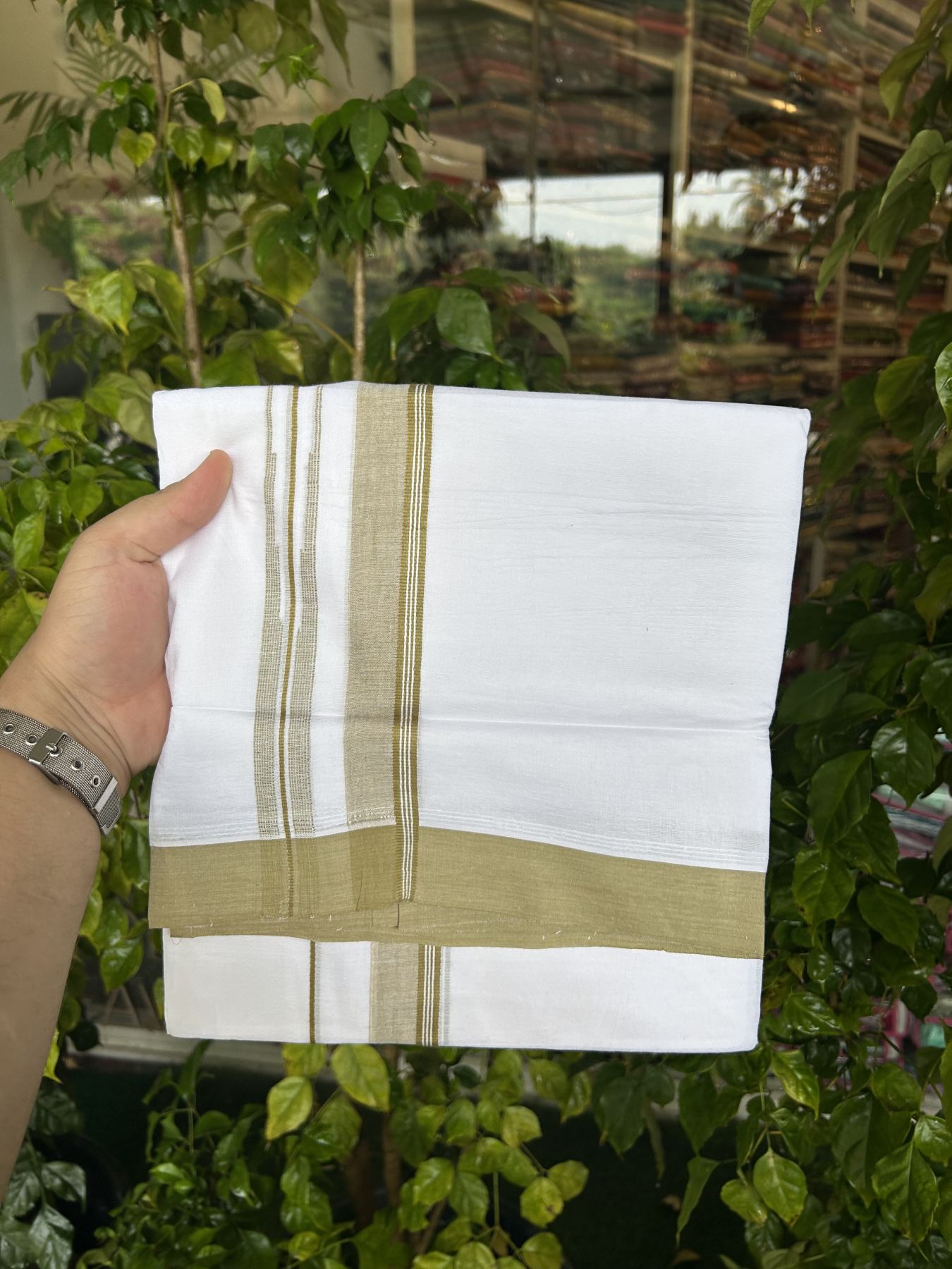 20% Discount! KaithariKada Balaramapuram 100% Cotton Double Pure white Mundu/Dhoti- 100x80 - 1.25 inch Olive Green shaded striped chutty kara - 3.75 mtr ( 8 muzham) - 30 KK5315 VAS