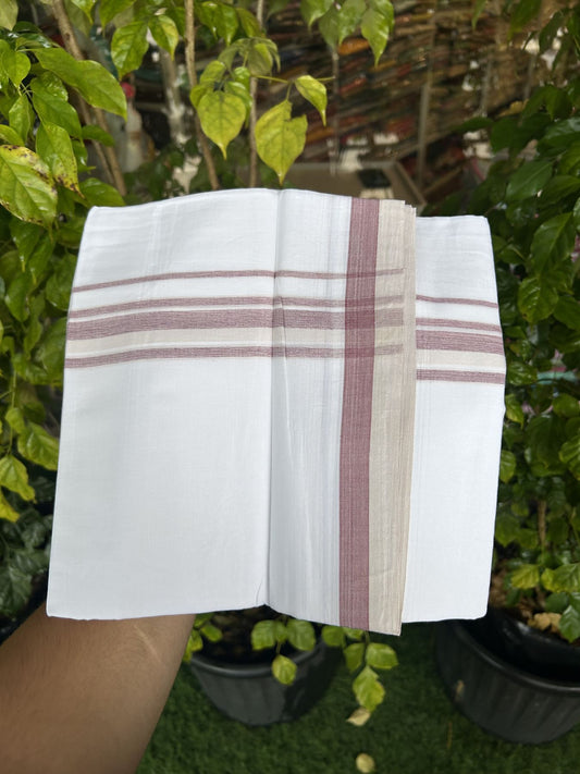20% Discount! KaithariKada Balaramapuram 100% Cotton Double Pure white Mundu/Dhoti- 100x80 - 1.5 inch Maroon & Cream shaded kara - 3.80 mtr ( 8 muzham) - 34 KK5315 VAS