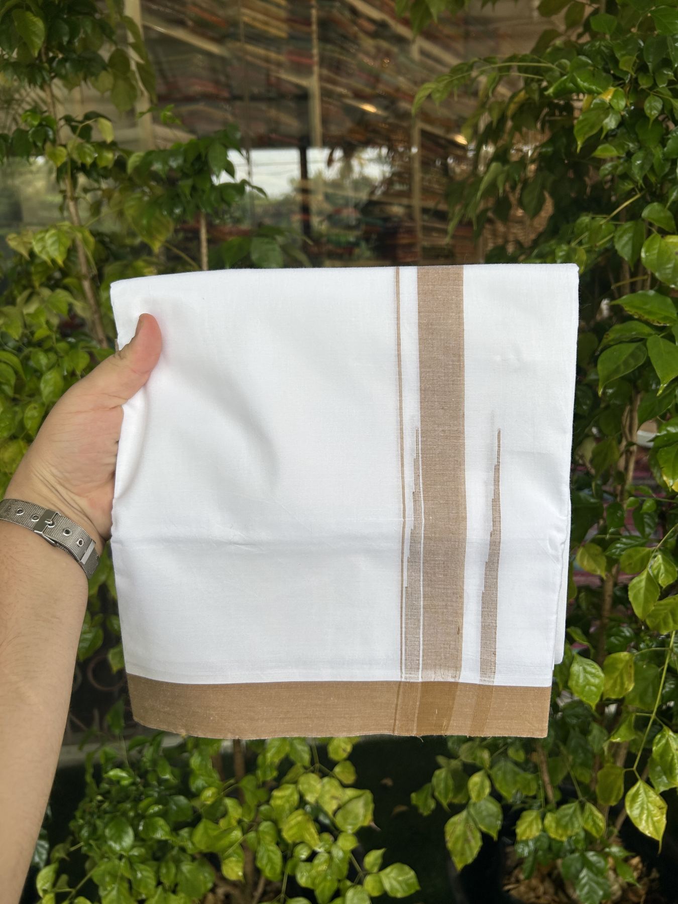 20% Discount! KaithariKada Balaramapuram 100% Cotton Double Pure white Mundu/Dhoti- 100x80 - 1.75 inch Brown shaded striped chutty kara - 3.80 mtr ( 8 muzham) - 31 KK5315 VAS