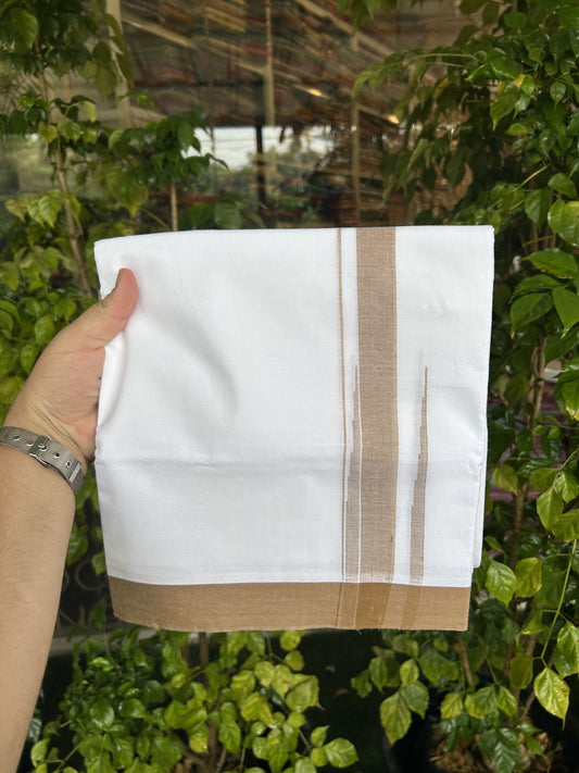 20% Discount! KaithariKada Balaramapuram 100% Cotton Double Pure white Mundu/Dhoti- 100x80 - 1.75 inch Brown shaded striped chutty kara - 3.80 mtr ( 8 muzham) - 31 KK5315 VAS