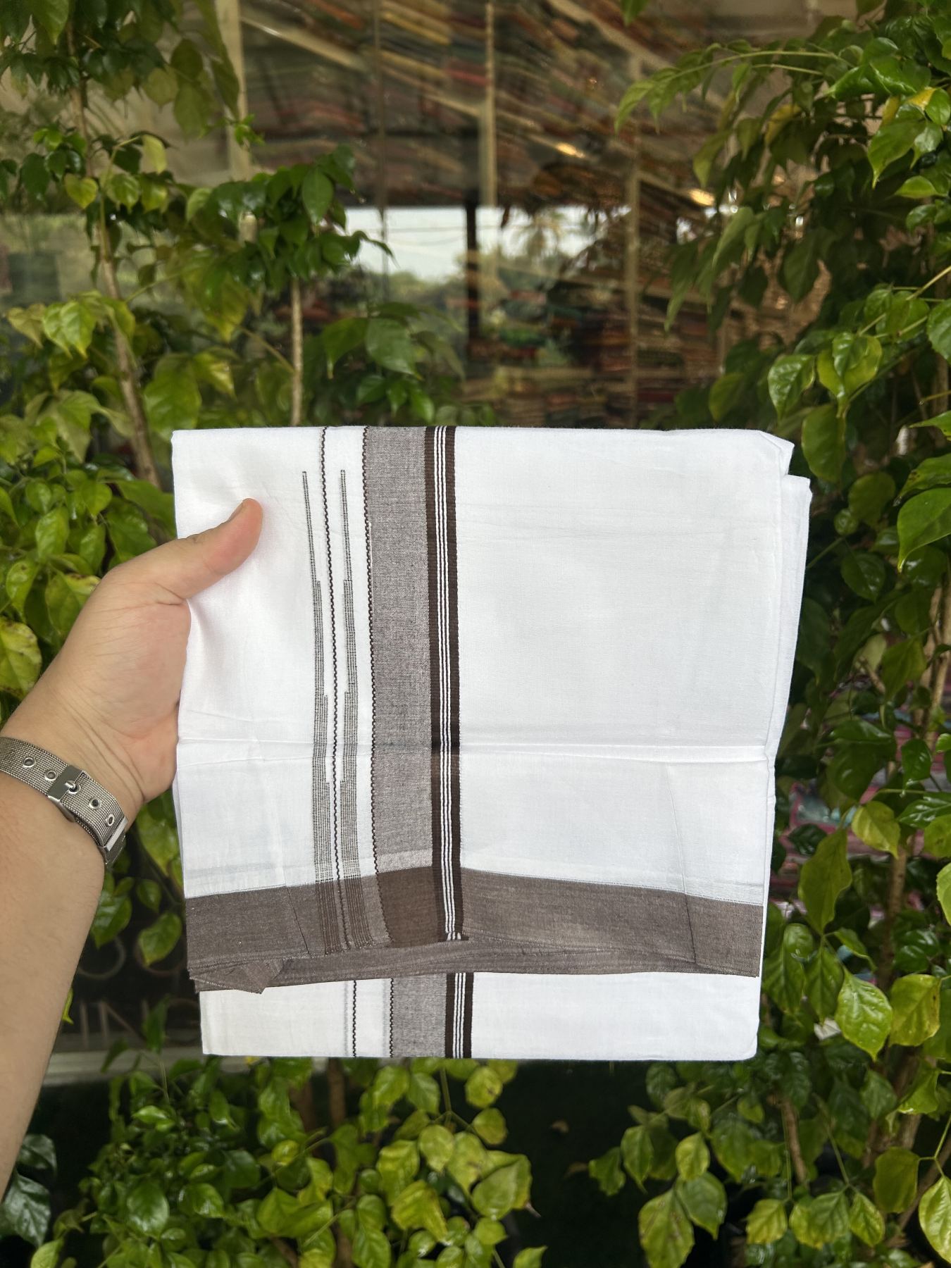 20% Discount! KaithariKada Balaramapuram 100% Cotton Double Pure white Mundu/Dhoti- 100x80 - 1.25 inch Brown shaded striped chutty kara - 3.75 mtr ( 8 muzham) - 25 KK5315 VAS