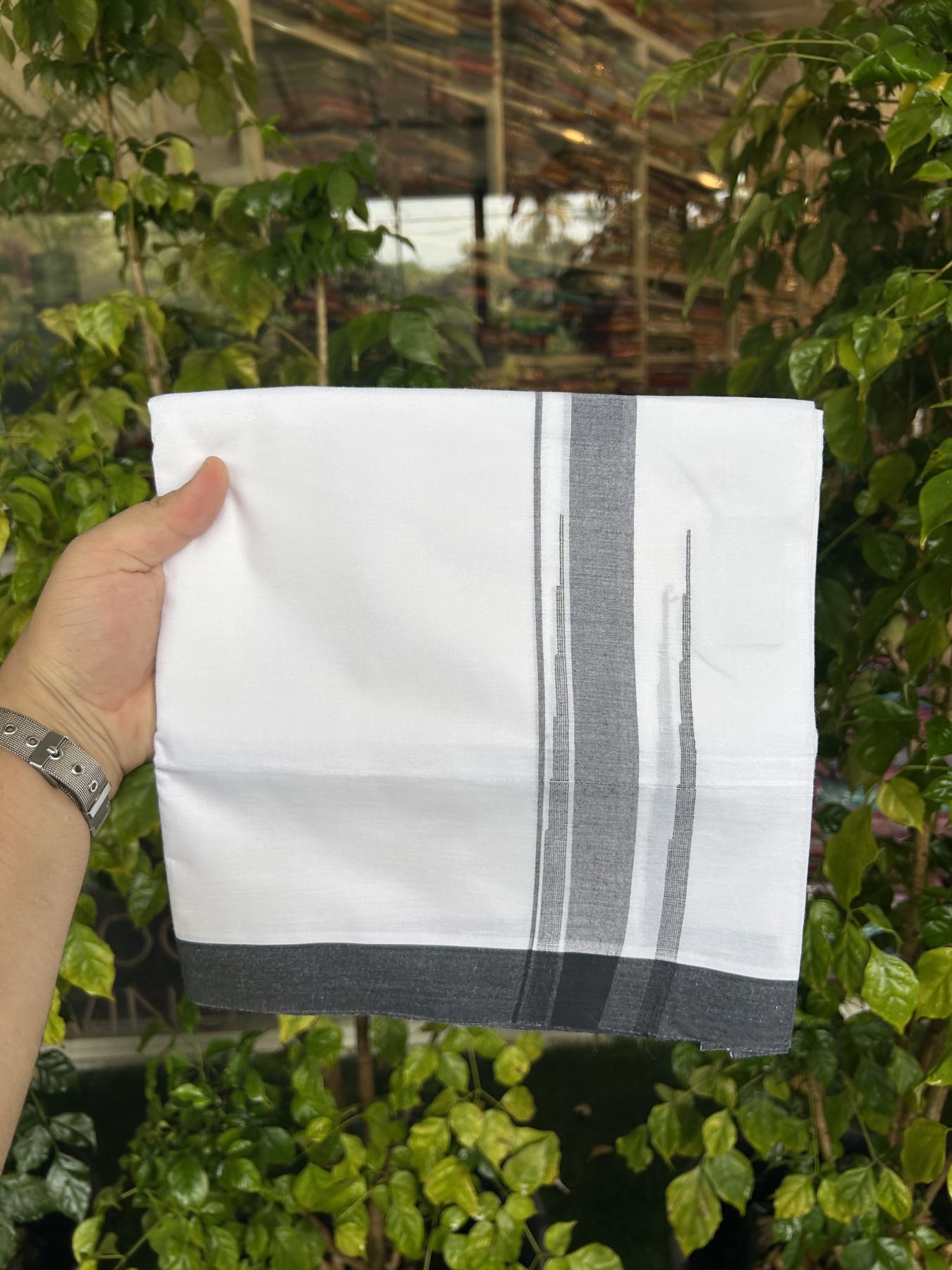 20% Discount! KaithariKada Balaramapuram 100% Cotton Double Pure white Mundu/Dhoti- 100x80 - 2 inch Black shaded striped chutty kara - 3.80 mtr ( 8 muzham) - 32 KK5315 VAS