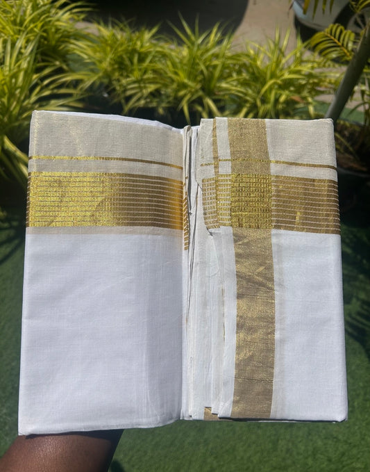 30% Disocunt! NEW PURE WHITE HANDLOOM UNAKKUPAAV Balaramapuram - 100% Cotton Double Pure White - Mundu/Dhoti - 100x100 - 7 inch Gold Kasavu Striped & Kasavu Half Tissue Kara- 1KK5111ABH