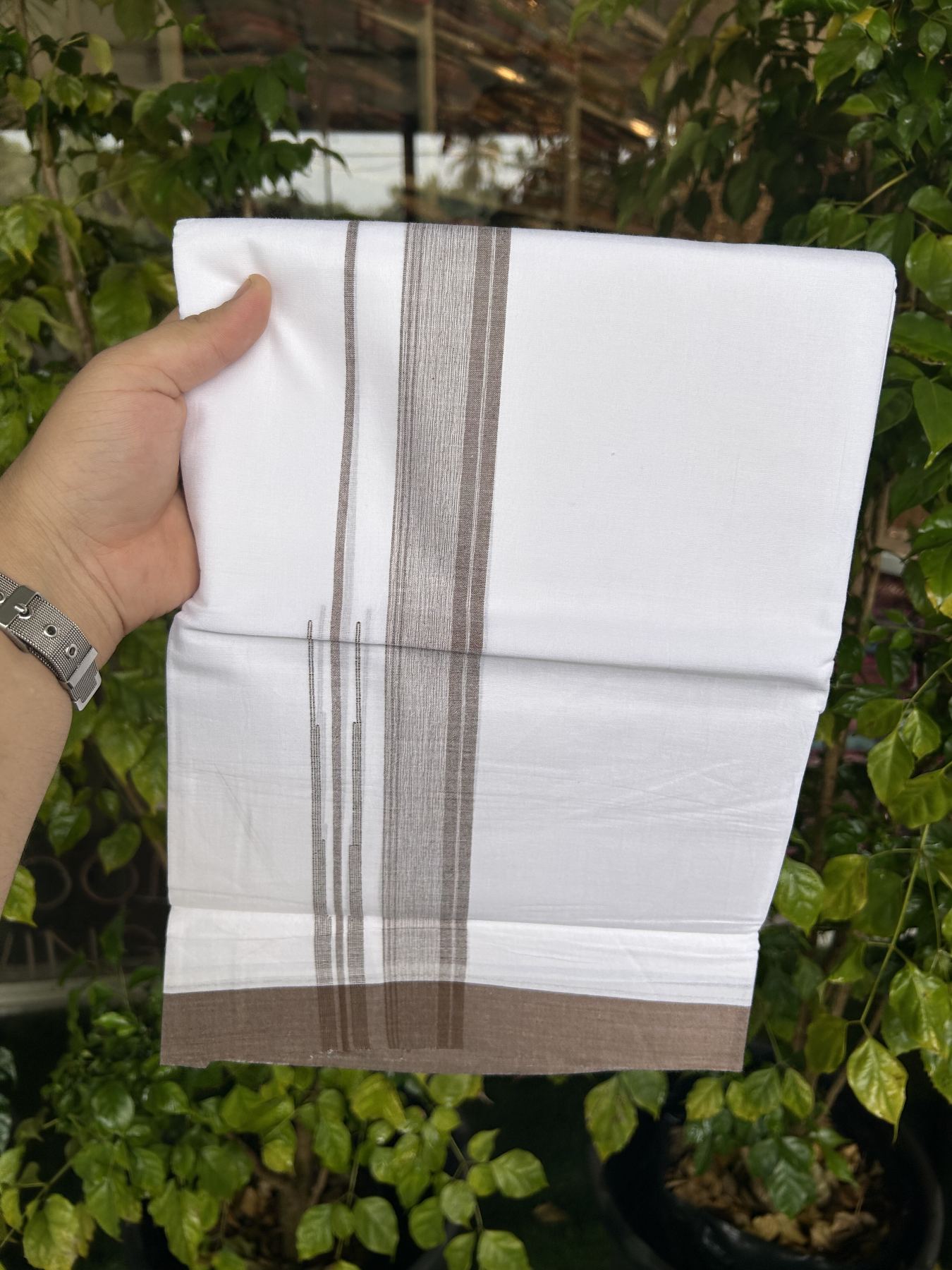 20% Discount! KaithariKada Balaramapuram 100% Cotton Double Pure white Mundu/Dhoti- 100x80 - 1.5 inch Brown shaded striped chutty kara - 3.75 mtr ( 8 muzham) - 23 KK5315 VAS