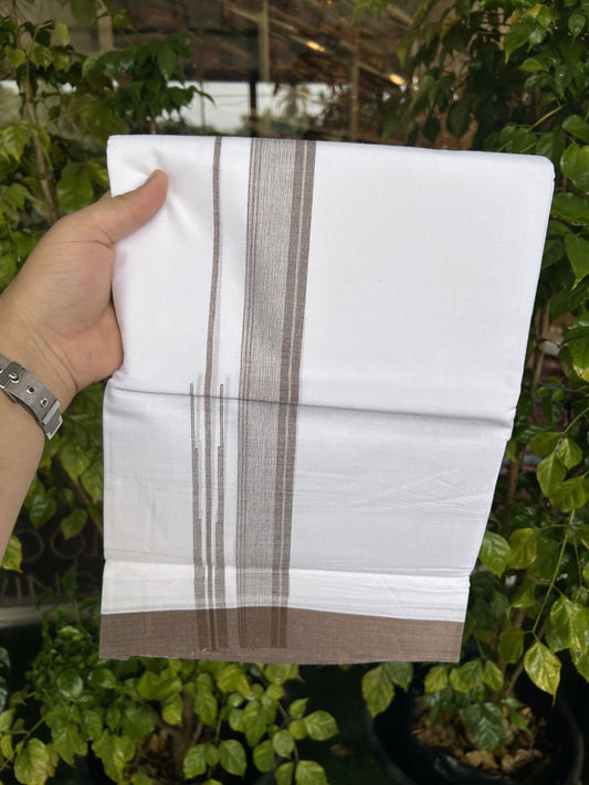 20% Discount! KaithariKada Balaramapuram 100% Cotton Double Pure white Mundu/Dhoti- 100x80 - 1.5 inch Brown shaded striped chutty kara - 3.75 mtr ( 8 muzham) - 23 KK5315 VAS