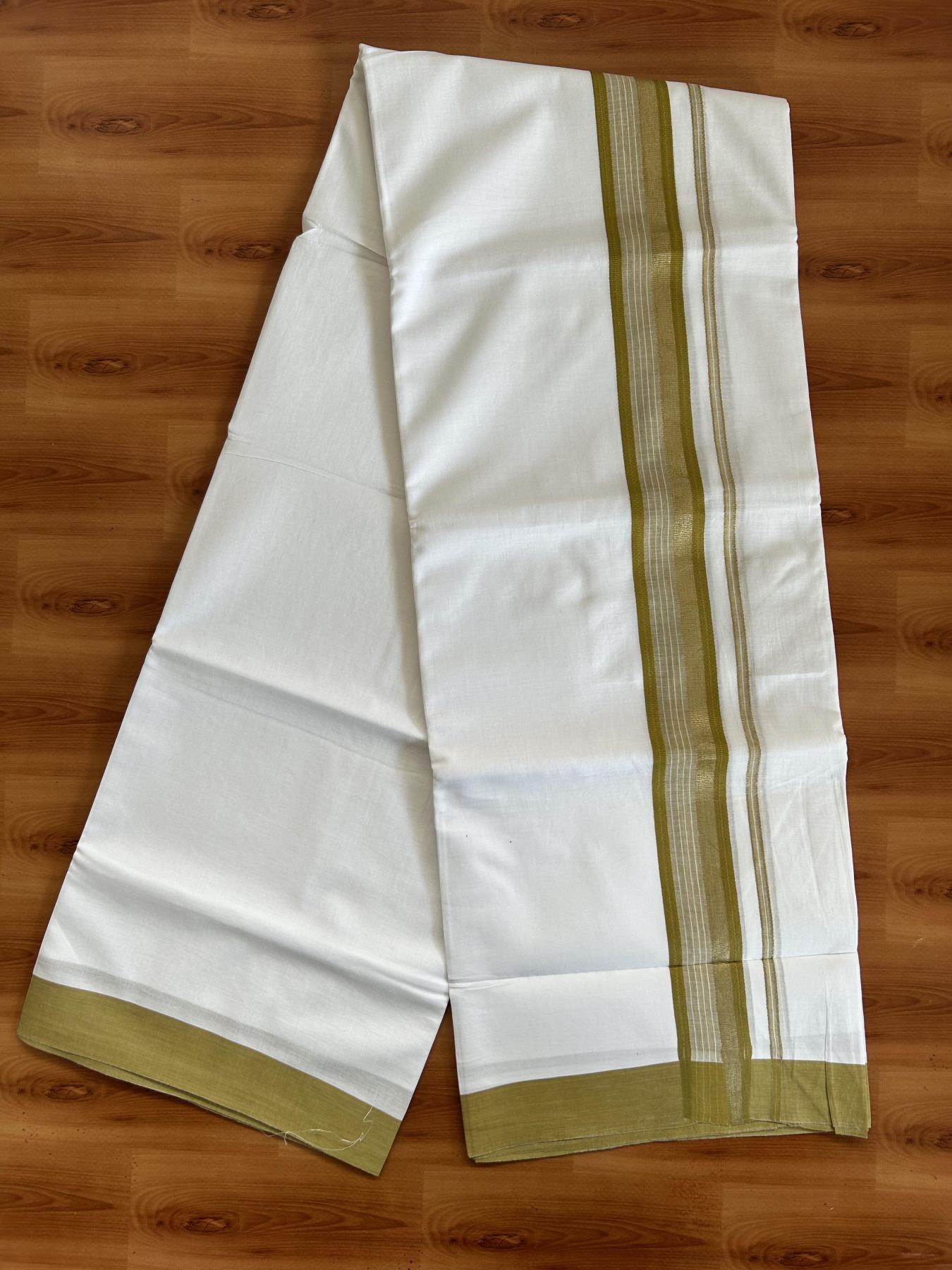 20% Discount ! Kaitharikada Balaramapuram 100% Pure Cotton Double Pure White Mundu/Dhoti - 100x80 - 1.5 inch Olive Yellow & Silver Kasav Stripe Kara 3.80 mtr (8 muzham) - 27 KK5382 VIN