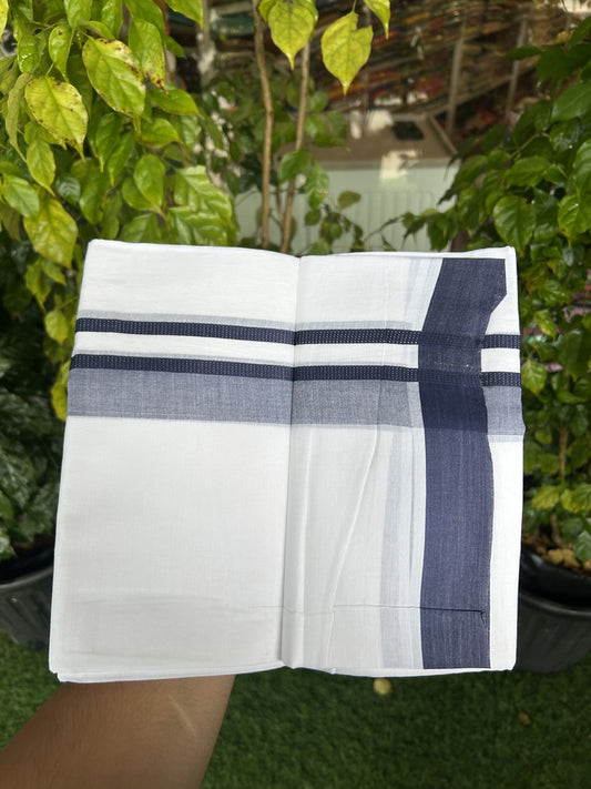 20% Discount! KaithariKada Balaramapuram 100% Cotton Double Pure white Mundu/Dhoti- 100x80 - 1.5 inch Navy Blue shaded kara - 3.75 mtr ( 8 muzham) - 54 KK5315 VAS