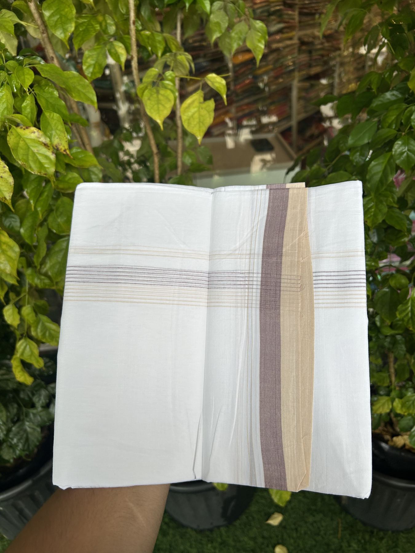 20% Discount ! Kaitharikada Balaramapuram 100% Cotton Pure White Double Mundu/Dothi - 100x80 - 1.75 inch Cream & Grape Wine Stripes Kara 4 mtr (8.5 muzham) - 53 KK5315 VAS