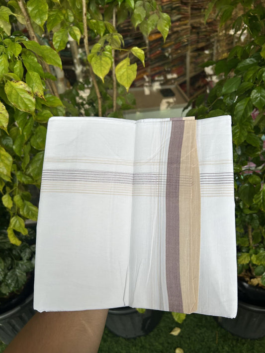 20% Discount ! Kaitharikada Balaramapuram 100% Cotton Pure White Double Mundu/Dothi - 100x80 - 1.75 inch Cream & Grape Wine Stripes Kara 4 mtr (8.5 muzham) - 53 KK5315 VAS