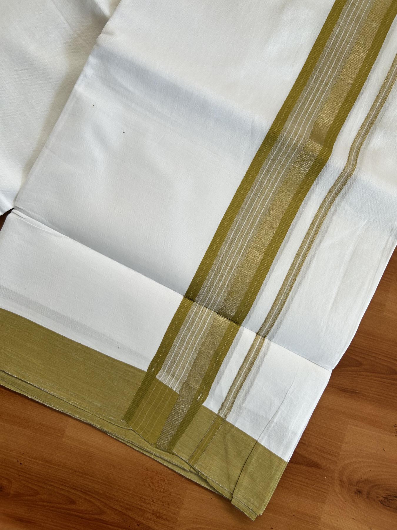 20% Discount ! Kaitharikada Balaramapuram 100% Pure Cotton Double Pure White Mundu/Dhoti - 100x80 - 1.5 inch Olive Yellow & Silver Kasav Stripe Kara 3.80 mtr (8 muzham) - 27 KK5382 VIN