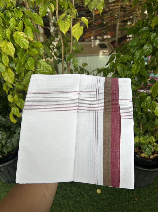 20% Discount ! Kaitharikada Balaramapuram 100% Cotton Pure White Double Mundu/Dothi - 100x80 - 1.75 inch Olive Green & Maroon Stripes Kara 4 mtr (8.5 muzham) - 54 KK5315 VAS