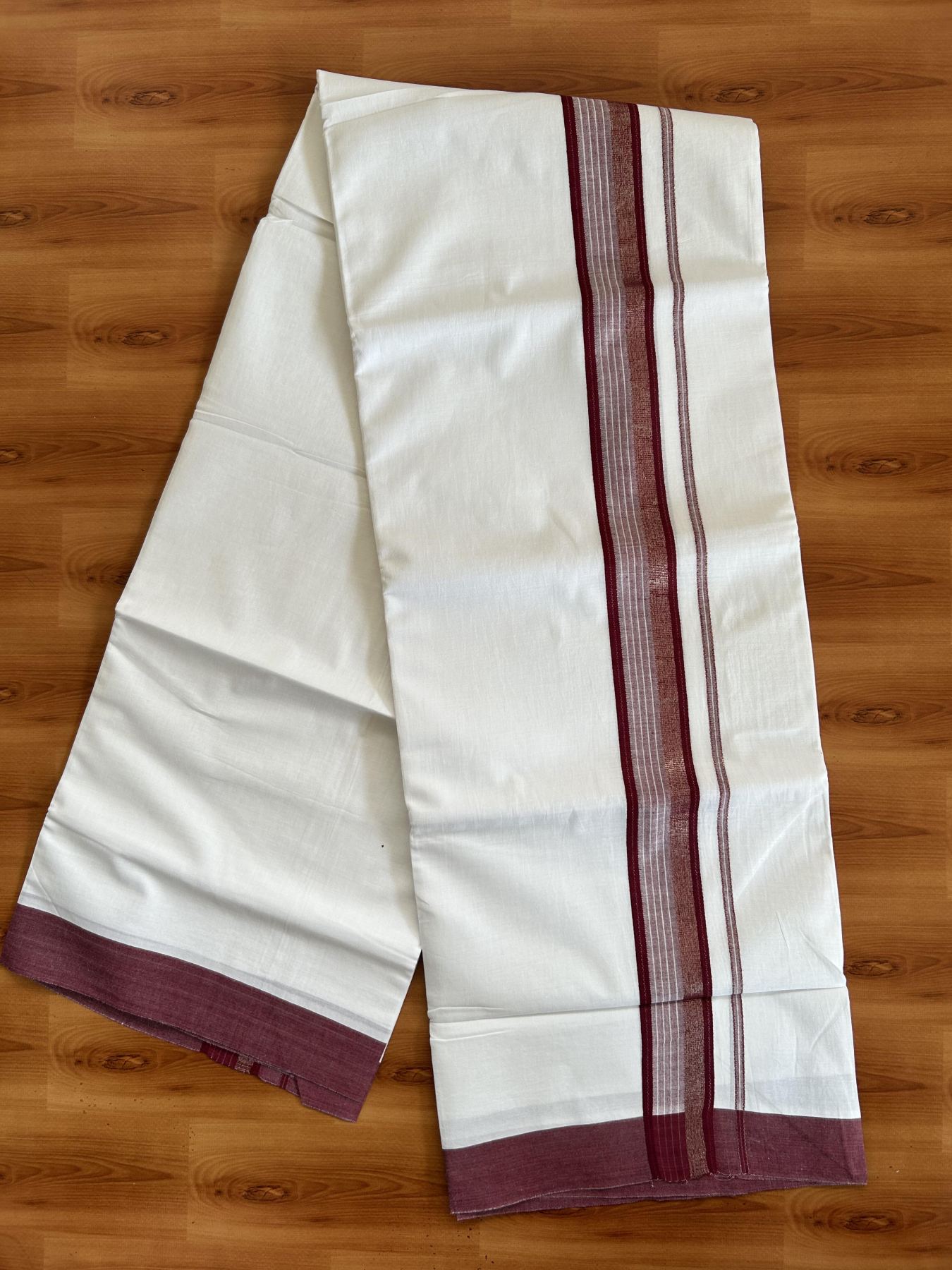 20% Discount ! Kaitharikada Balaramapuram 100% Pure Cotton Double Pure White Mundu/Dhoti - 100x80 - 1.5 inch Dark Maroon & Silver Kasav Stripe Kara 3.80 mtr (8 muzham) - 29 KK5382 VIN