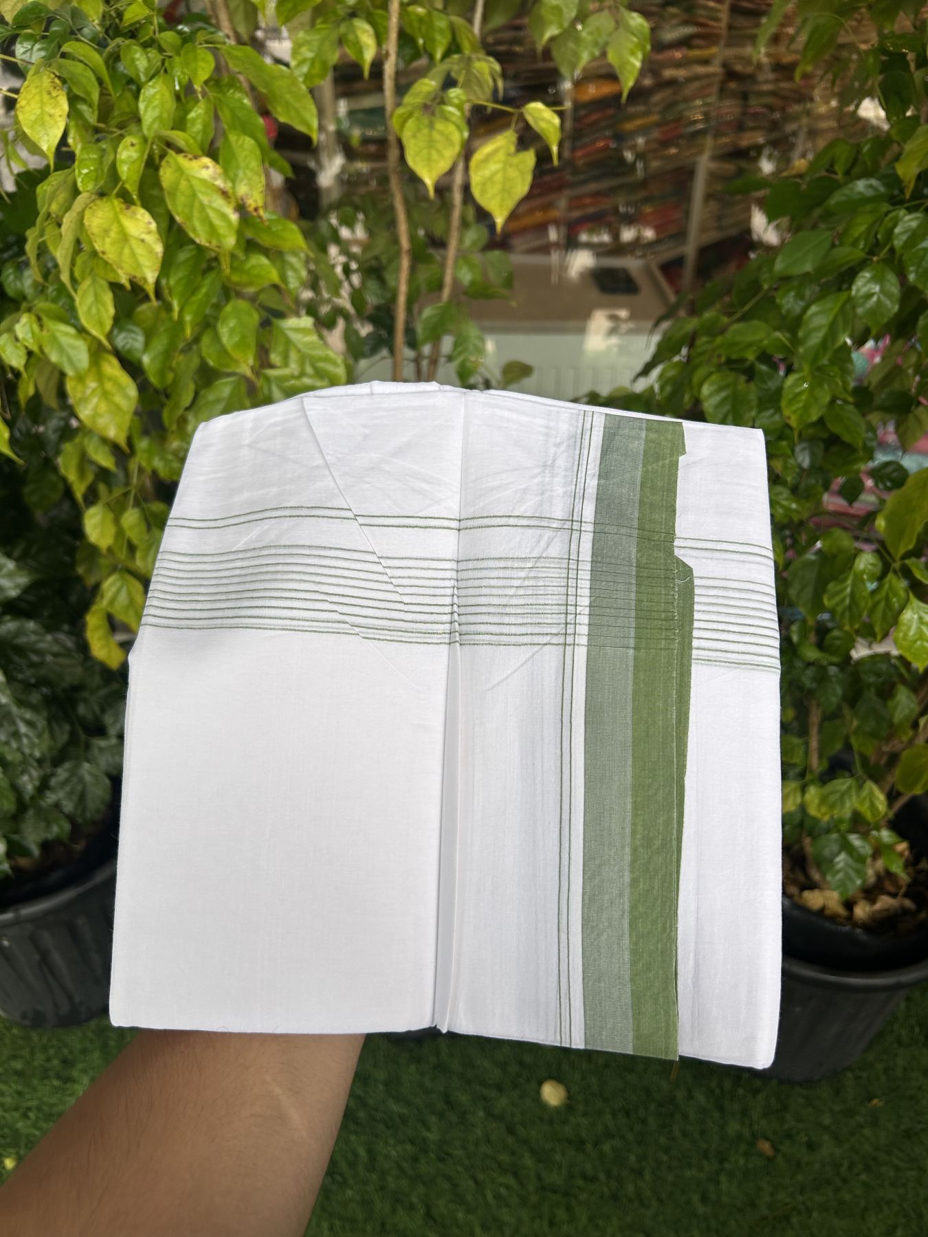 20% Discount ! Kaitharikada Balaramapuram 100% Cotton Pure White Double Mundu/Dothi - 100x80 - 1.75 inch Green & Cadet Blue Stripes Kara 4 mtr (8.5 muzham) - 48 KK5315 VAS