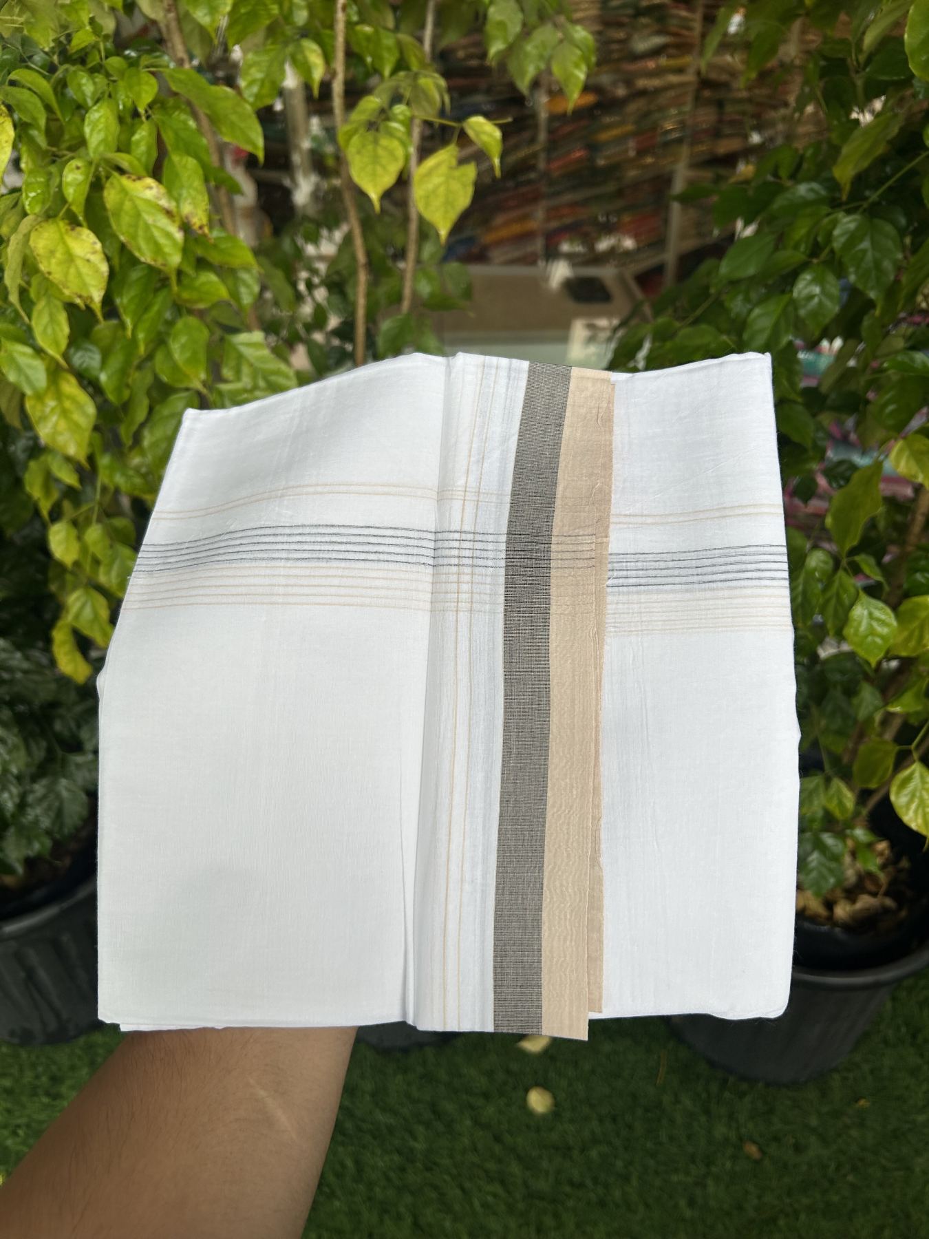 20% Discount ! Kaitharikada Balaramapuram 100% Cotton Pure White Double Mundu/Dothi - 100x80 - 1.75 inch Cream & Black Stripes Kara 4 mtr (8.5 muzham) - 52 KK5315 VAS