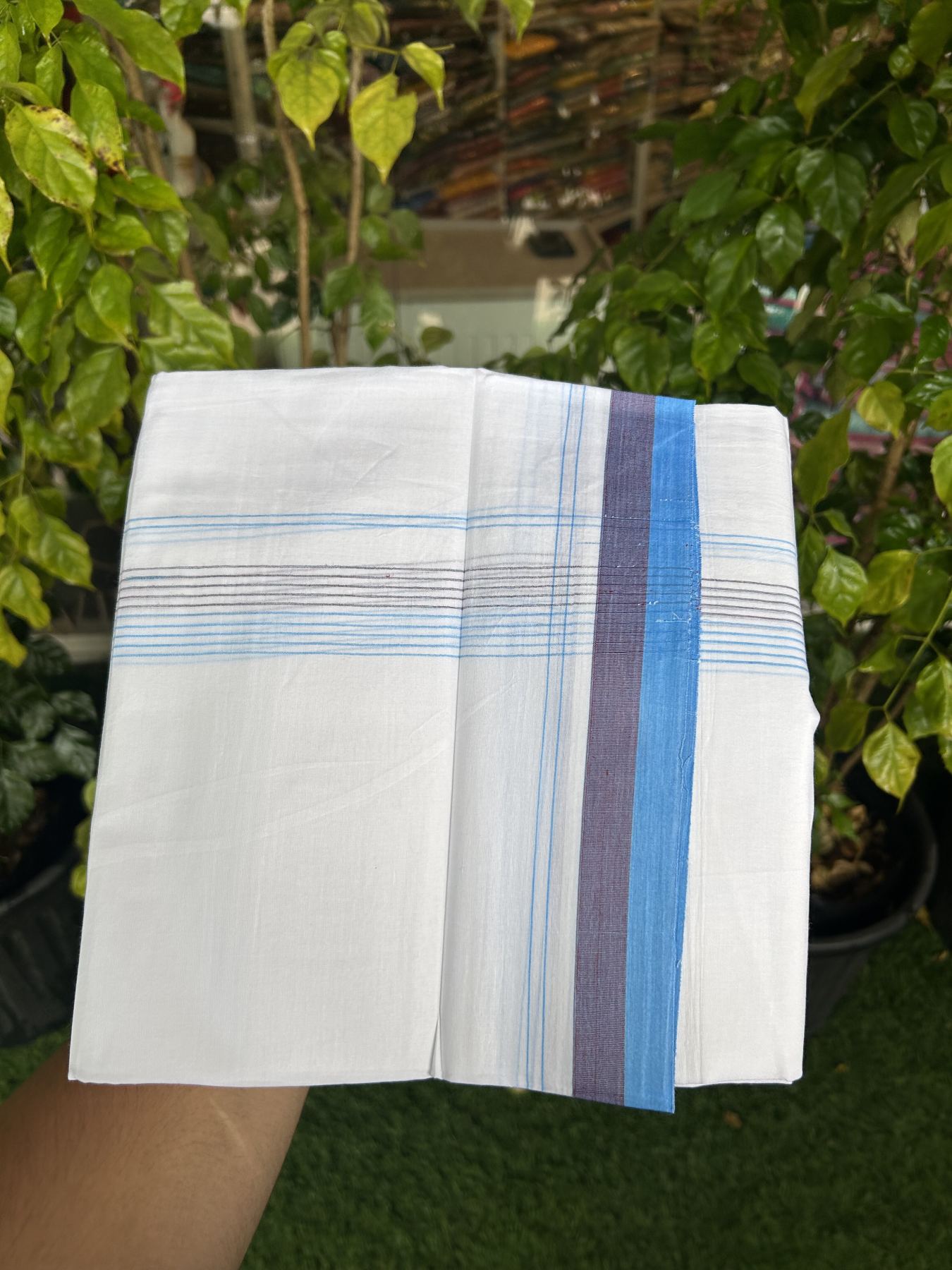 20% Discount ! Kaitharikada Balaramapuram 100% Cotton Pure White Double Mundu/Dothi - 100x80 - 1.75 inch Light Blue & Maroon Stripes Kara 4 mtr (8.5 muzham) - 51 KK5315 VAS