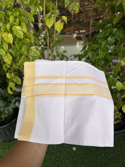 20% Discount! KaithariKada Balaramapuram 100% Cotton Double Pure white Mundu/Dhoti- 80s - 1.5 inch Yellow shaded kara - 3.80 mtr ( 8 muzham) - 65 KK5315 VAS