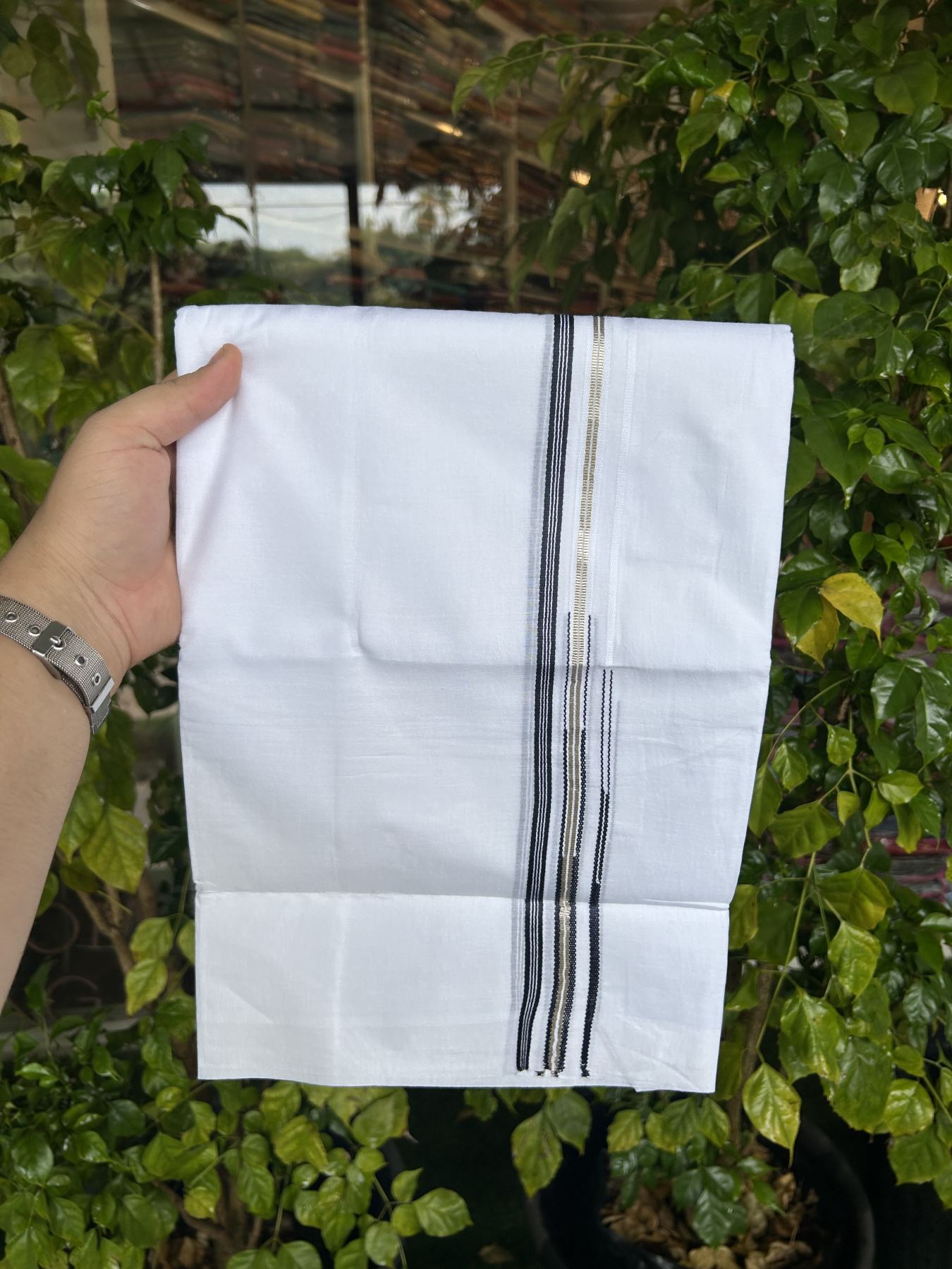 20% Discount! KaithariKada Balaramapuram 100% Cotton Double Pure white Mundu/Dhoti- 100x80 - 1 cm Silver Navy Blue Striped One Side Double Chutty kara - 3.75 mtr ( 8 muzham) - 2 KK5315 VAS