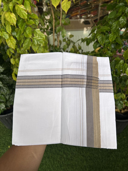 20% Discount! KaithariKada Balaramapuram 100% Cotton Double Pure white Mundu/Dhoti- 100x80 - 1.25 inch Olive Brown shaded kara - 3.75 mtr ( 8 muzham) - 63 KK5315 VAS
