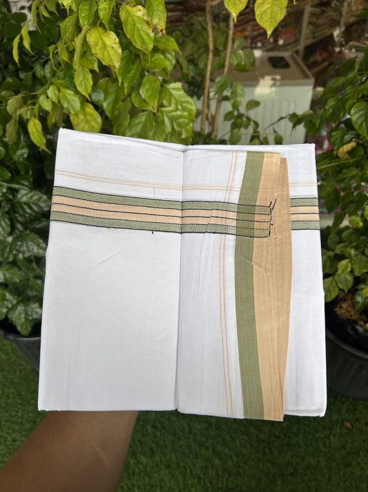 20% Discount! KaithariKada Balaramapuram 100% Cotton Double Pure white Mundu/Dhoti- 100x80 - 1.25 inch Green & Light Sand brown shaded kara - 3.75 mtr ( 8 muzham) - 58 KK5315 VAS