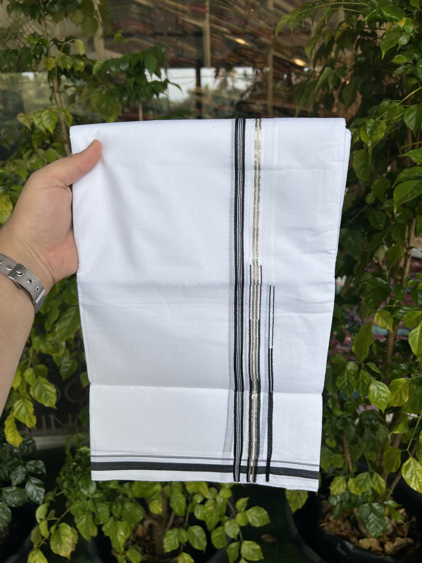 20% Discount! KaithariKada Balaramapuram 100% Cotton Double Pure white Mundu/Dhoti- 100x80 - 1 cm Silver Black Striped One Side Double Chutty kara - 3.75 mtr ( 8 muzham) - 1 KK5315 VAS