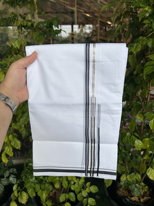 20% Discount! KaithariKada Balaramapuram 100% Cotton Double Pure white Mundu/Dhoti- 100x80 - 1 cm Silver Black Striped One Side Double Chutty kara - 3.75 mtr ( 8 muzham) - 1 KK5315 VAS