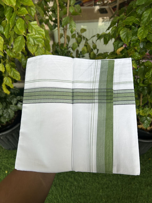 20% Discount! KaithariKada Balaramapuram 100% Cotton Double Pure white Mundu/Dhoti- 100x80 - 1.25 inch Green shaded kara - 3.75 mtr ( 8 muzham) - 61 KK5315 VAS