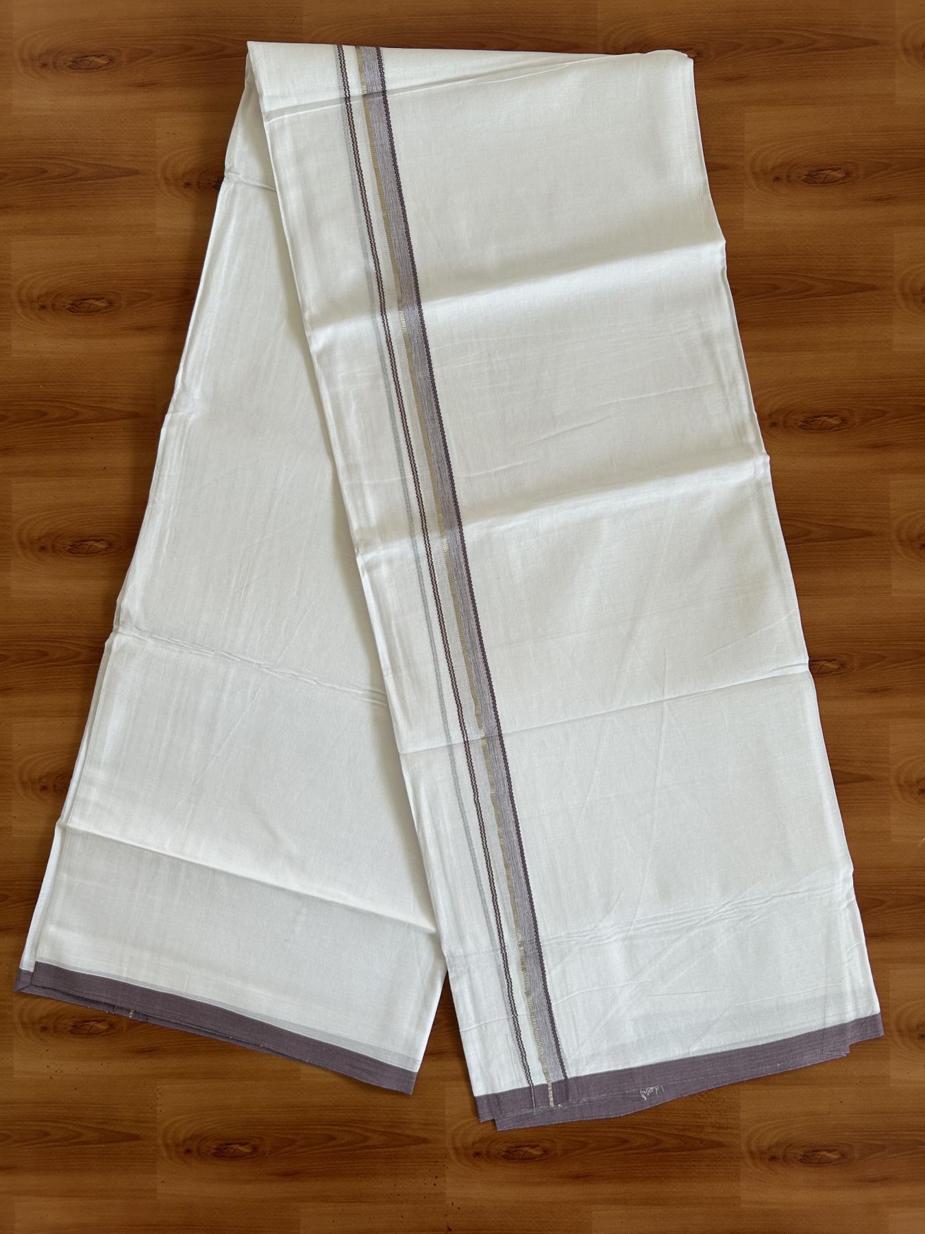 20% Discount ! Kaitharikada Balaramapuram 100% Cotton Pure White Double Mundu/Dothi - 100x80 - 0.5 inch Silver Kasavu & Purple Lavender Design Kara 3.80 mtr (8 muzham) - 10 KK5382 VIN