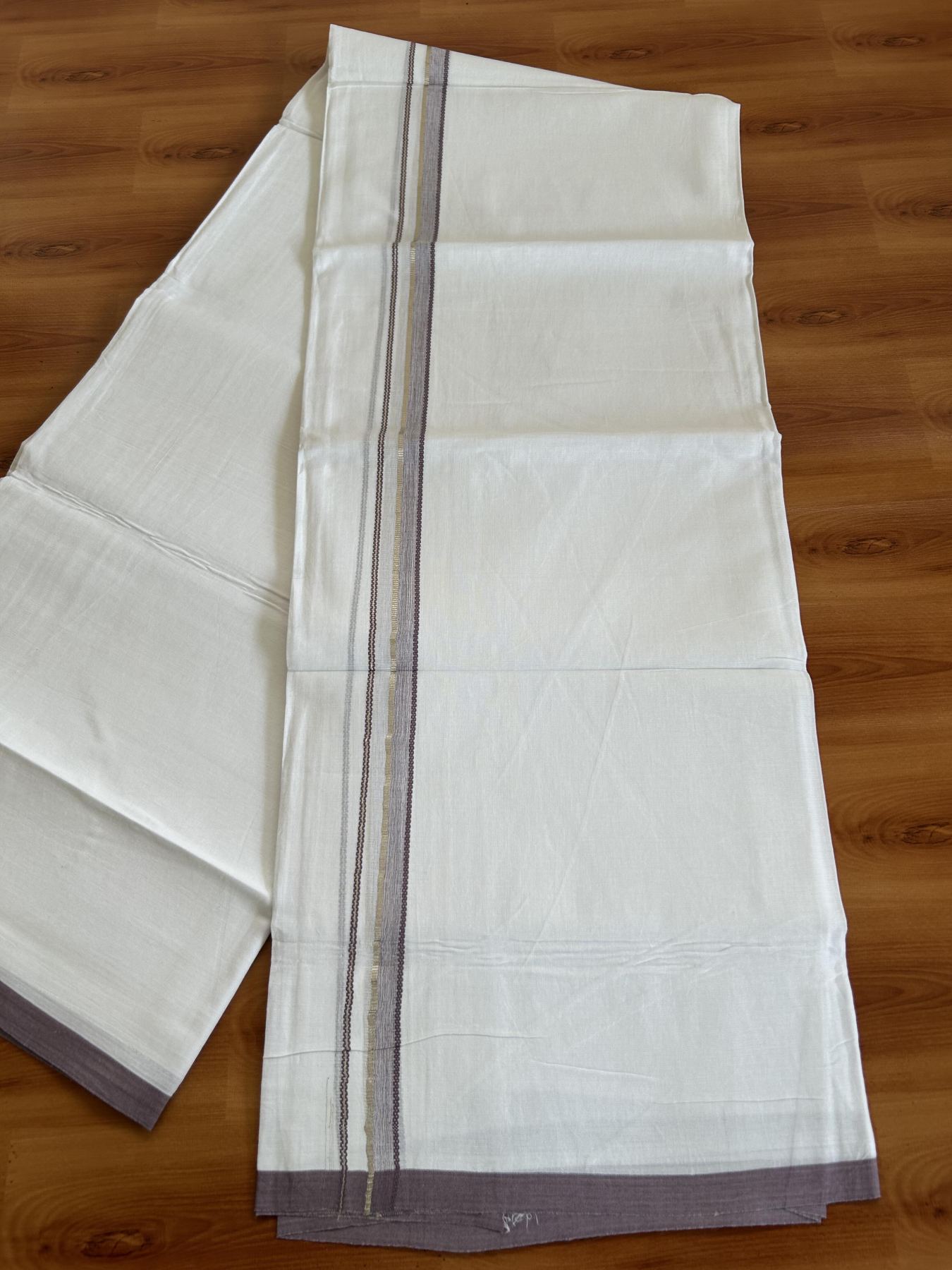 20% Discount ! Kaitharikada Balaramapuram 100% Cotton Pure White Double Mundu/Dothi - 100x80 - 0.5 inch Silver Kasavu & Purple Lavender Design Kara 3.80 mtr (8 muzham) - 10 KK5382 VIN