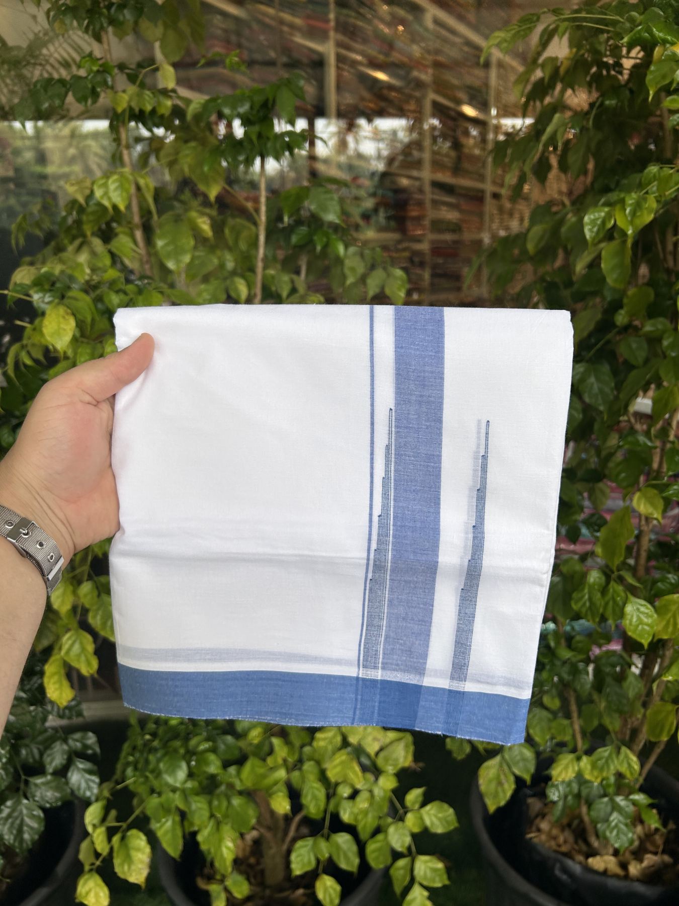 20% Discount! KaithariKada Balaramapuram 100% Cotton Double Pure white Mundu/Dhoti- 100x80 - 2.25 inch Blue shaded striped chutty kara - 3.80 mtr ( 8 muzham) - 33 KK5315 VAS