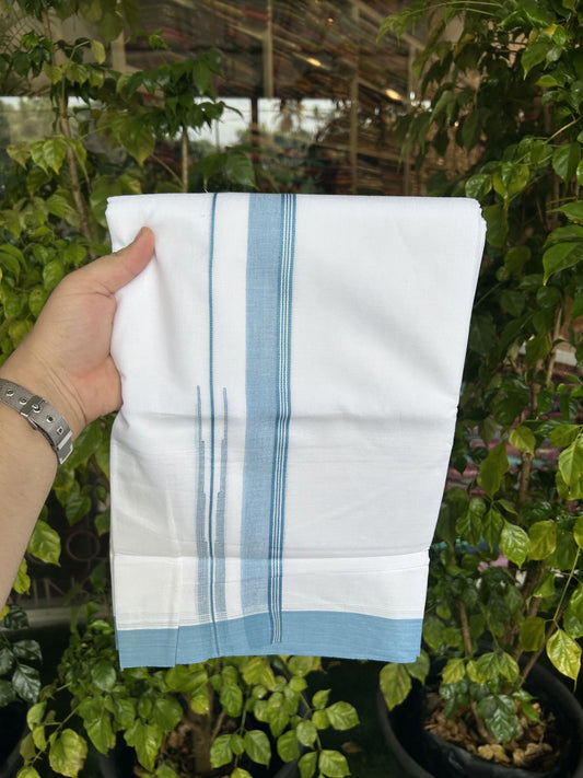 20% Discount! KaithariKada Balaramapuram 100% Cotton Double Pure white Mundu/Dhoti- 100x80 - 1.25 inch Light Blue shaded striped chutty kara - 3.75 mtr ( 8 muzham) - 27 KK5315 VAS