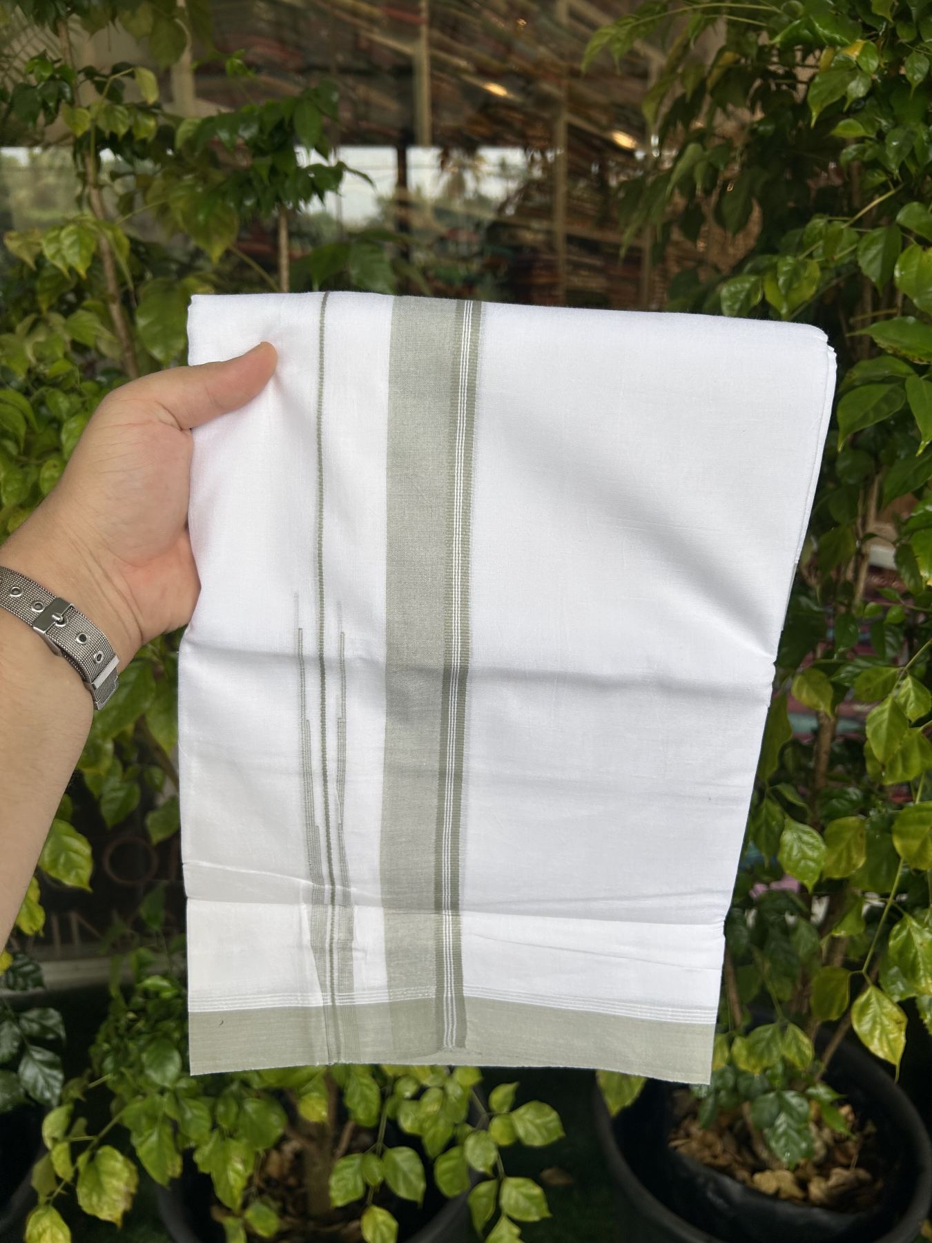 20% Discount! KaithariKada Balaramapuram 100% Cotton Double Pure white Mundu/Dhoti- 100x80 - 1.5 inch Sage Green shaded striped chutty kara - 3.75 mtr ( 8 muzham) - 29 KK5315 VAS