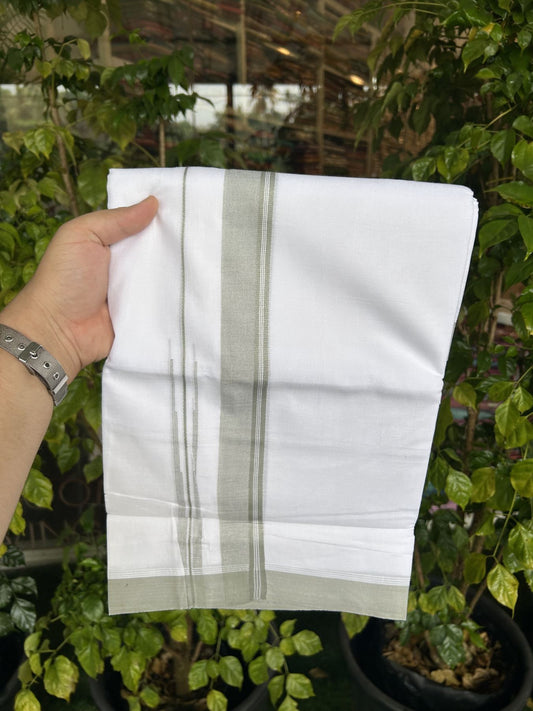 20% Discount! KaithariKada Balaramapuram 100% Cotton Double Pure white Mundu/Dhoti- 100x80 - 1.5 inch Sage Green shaded striped chutty kara - 3.75 mtr ( 8 muzham) - 29 KK5315 VAS