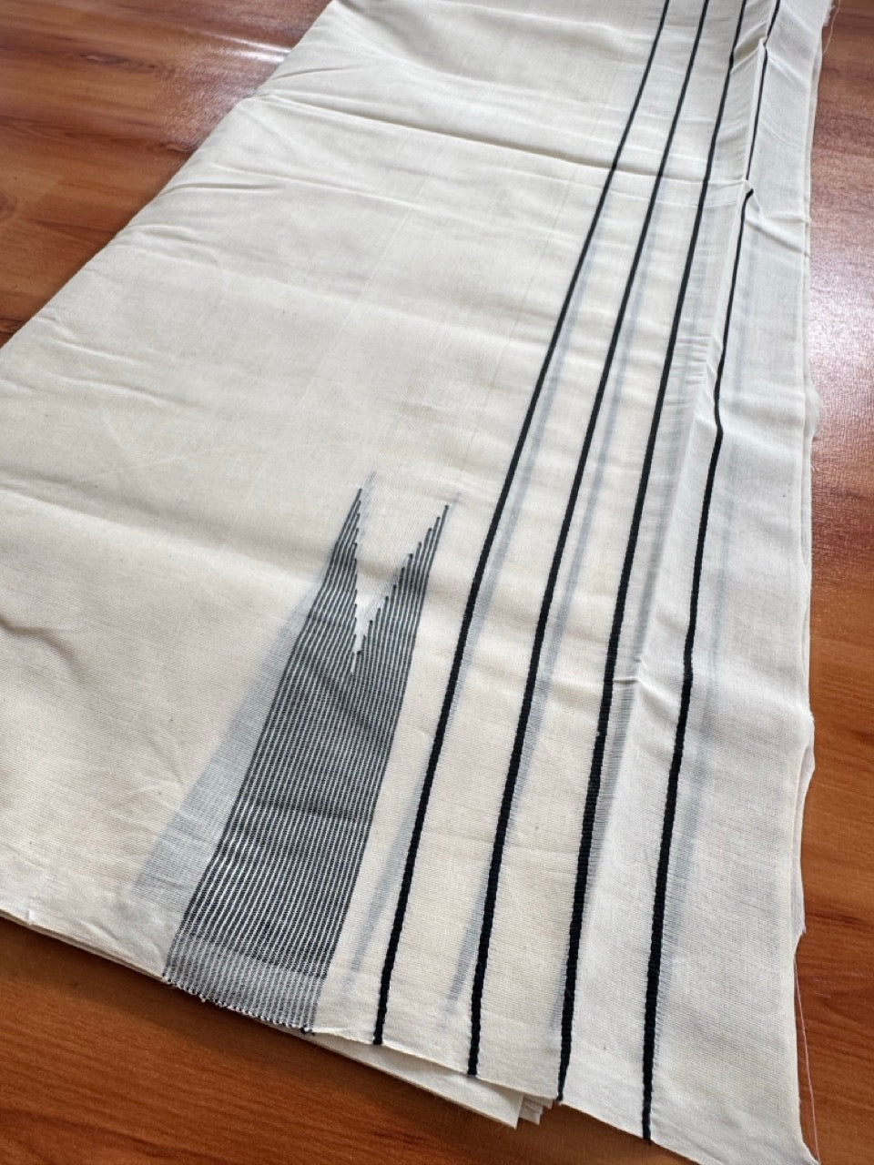 Double Off white Kerala Mundu / Dhoti - 23% Discount! KaithariKada 100% Cotton - 100x100 - Big Chutty & Black Stripes Kara 4 mtr (8.5 muzham) - 1 KK5485 ASH
