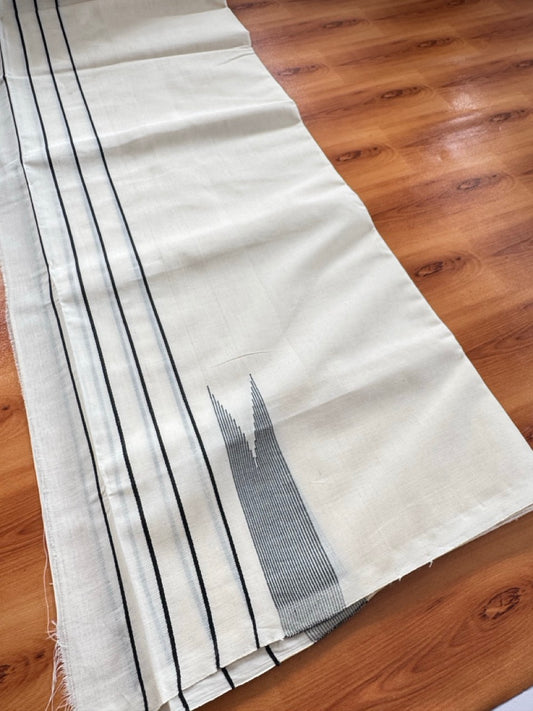 Double Off white Kerala Mundu / Dhoti - 23% Discount! KaithariKada 100% Cotton - 100x100 - Big Chutty & Black Stripes Kara 4 mtr (8.5 muzham) - 1 KK5485 ASH