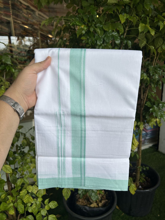 20% Discount! KaithariKada Balaramapuram 100% Cotton Double Pure white Mundu/Dhoti- 100x80 - 1.5 inch Mint Green shaded striped chutty kara - 3.75 mtr ( 8 muzham) - 28 KK5315 VAS