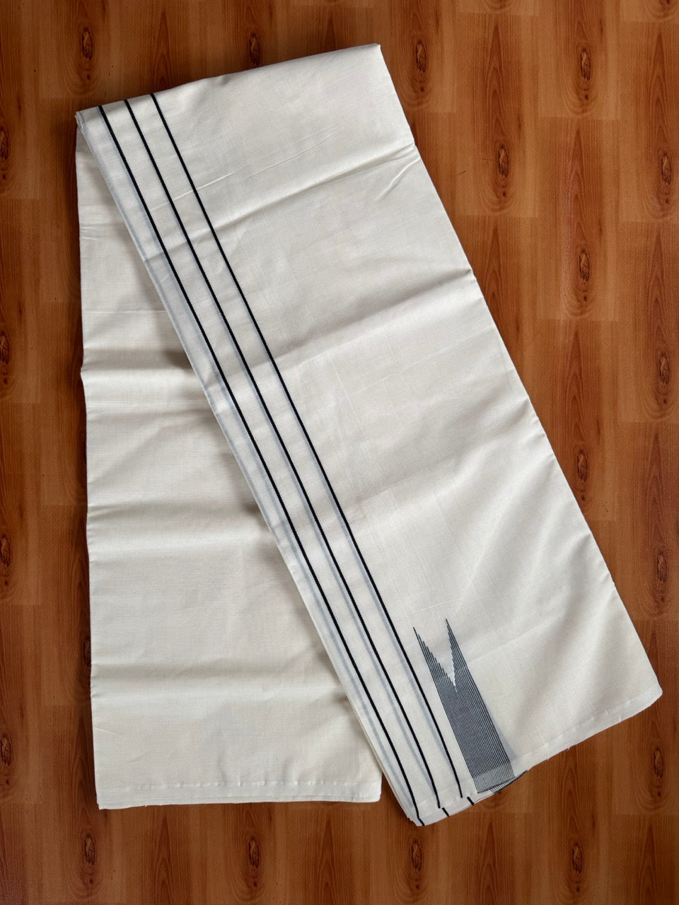 Double Off white Kerala Mundu / Dhoti - 23% Discount! KaithariKada 100% Cotton - 100x100 - Big Chutty & Black Stripes Kara 4 mtr (8.5 muzham) - 1 KK5485 ASH