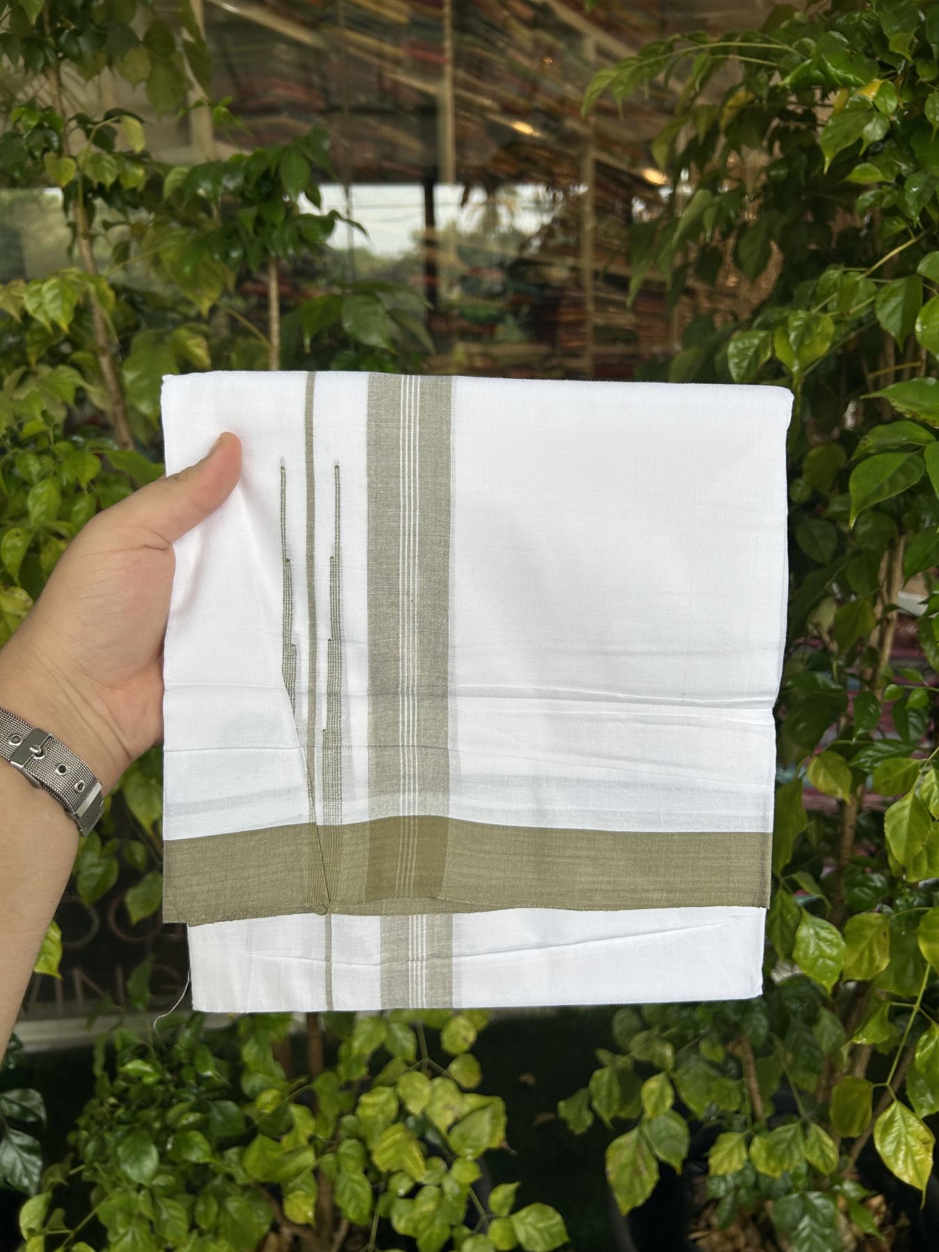 20% Discount! KaithariKada Balaramapuram 100% Cotton Double Pure white Mundu/Dhoti- 100x80 - 1.25 inch Olive Green shaded striped chutty kara - 3.75 mtr ( 8 muzham) - 24 KK5315 VAS