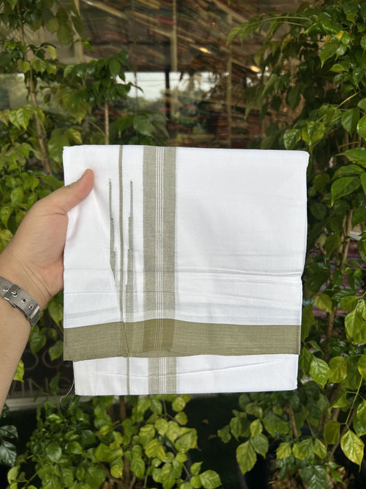 20% Discount! KaithariKada Balaramapuram 100% Cotton Double Pure white Mundu/Dhoti- 100x80 - 1.25 inch Olive Green shaded striped chutty kara - 3.75 mtr ( 8 muzham) - 24 KK5315 VAS