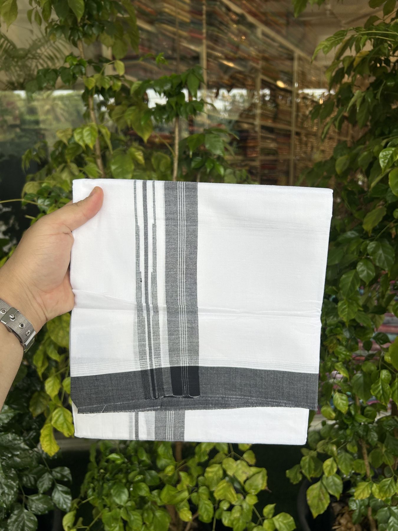 20% Discount! KaithariKada Balaramapuram 100% Cotton Double Pure white Mundu/Dhoti- 100x80 - 1.25 inch Black shaded White striped chutty kara - 3.75 mtr ( 8 muzham) - 18 KK5315 VAS