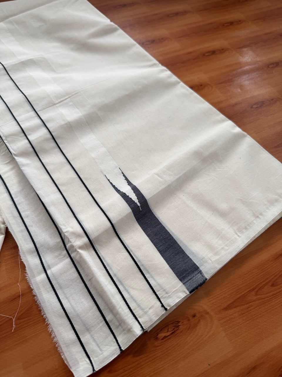 Double Off white Kerala Mundu / Dhoti - 23% Discount! KaithariKada 100% Cotton - 100x100 - Big Chutty & Black Stripes Kara 4 mtr (8.5 muzham) - 2 KK5485 ASH