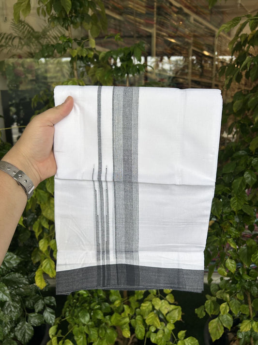 20% Discount! KaithariKada Balaramapuram 100% Cotton Double Pure white Mundu/Dhoti- 100x80 - 1.5 inch Black shaded striped chutty kara - 3.75 mtr ( 8 muzham) - 20 KK5315 VAS