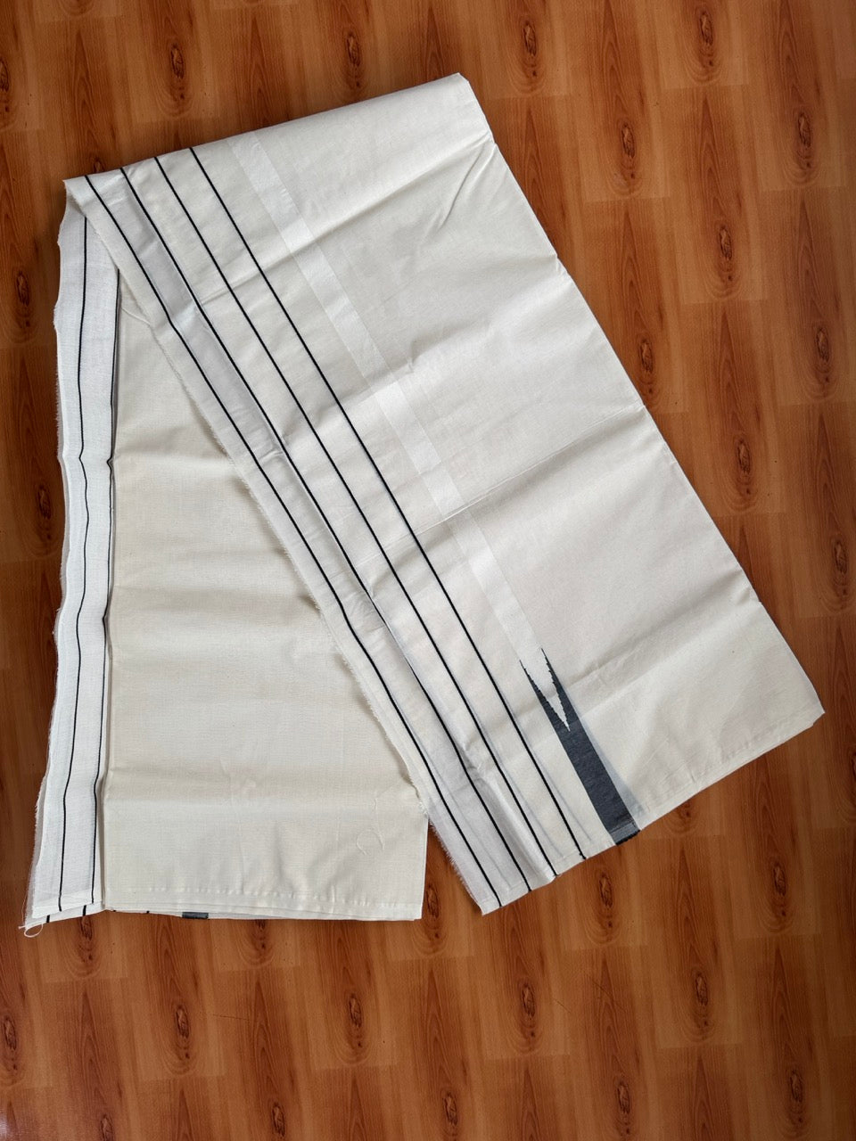 Double Off white Kerala Mundu / Dhoti - 23% Discount! KaithariKada 100% Cotton - 100x100 - Big Chutty & Black Stripes Kara 4 mtr (8.5 muzham) - 2 KK5485 ASH