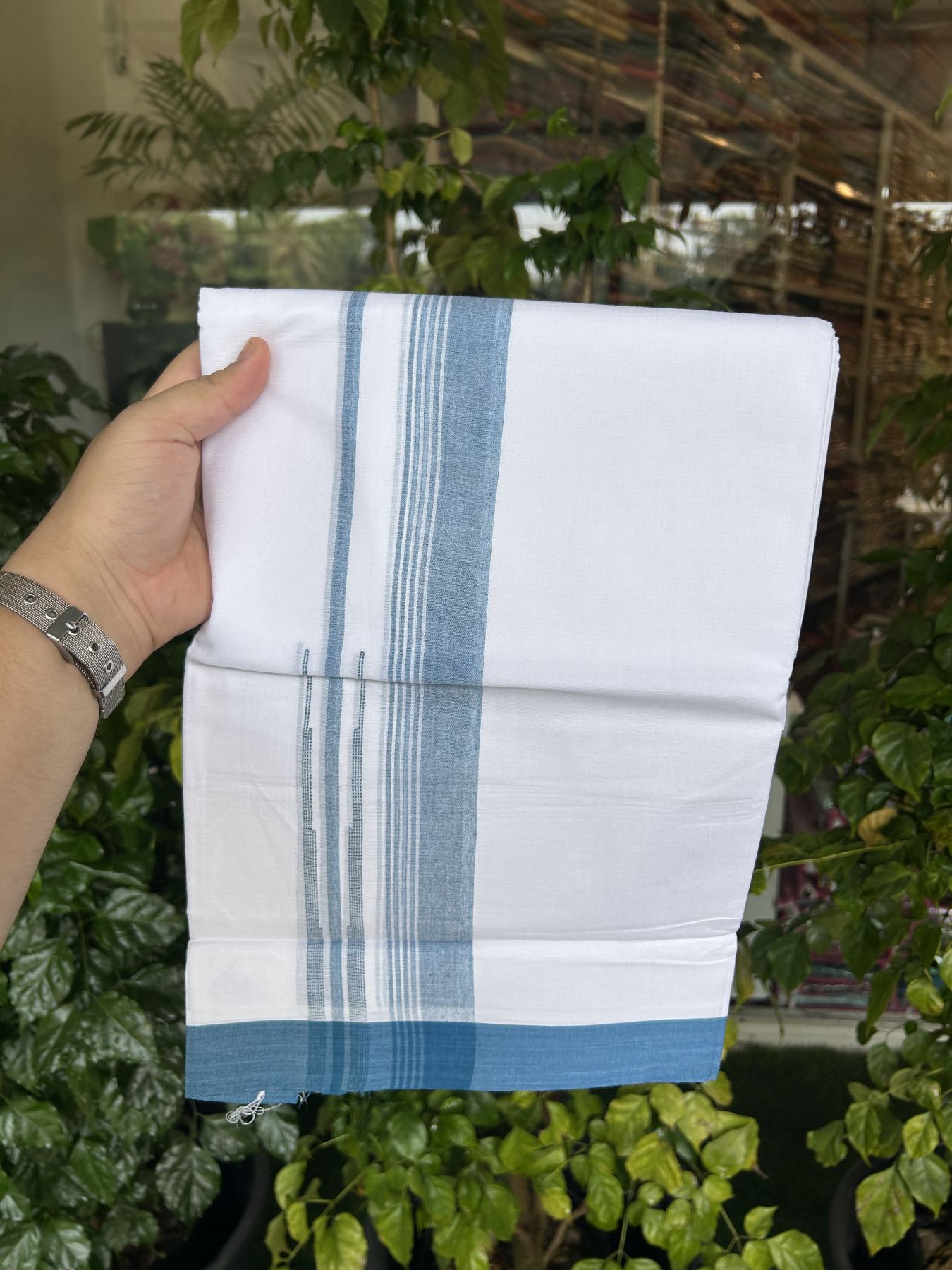 20% Discount! KaithariKada Balaramapuram 100% Cotton Double Pure white Mundu/Dhoti- 100x80 - 1.5 inch Peacock Blue shaded striped chutty kara - 3.75 mtr ( 8 muzham) - 26 KK5315 VAS